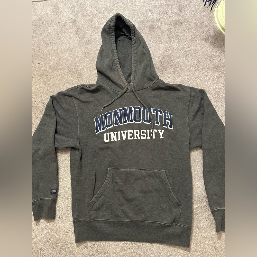 Monmouth Univesity grey drawstring sweatshirt with hood and front pocket size S
